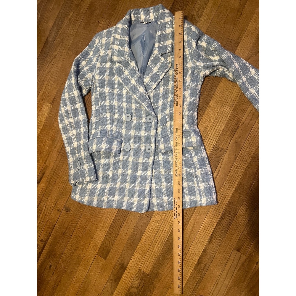 HYFVE Blue White Plaid Tweed Double Breasted Blazer Jacket Womens S Quiet Luxury - Picture 5 of 10